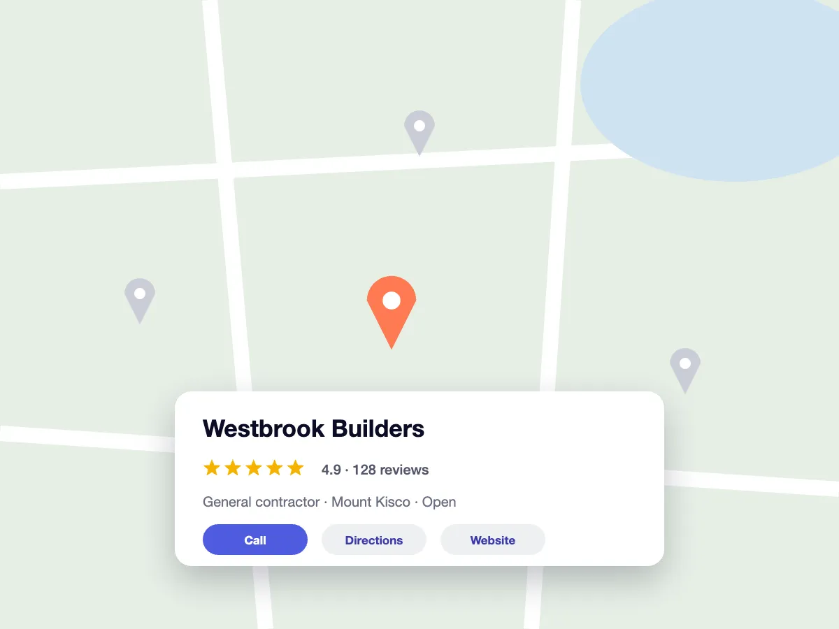 Illustration of a Google Maps listing card for a Mount Kisco general contractor with call, directions and website buttons